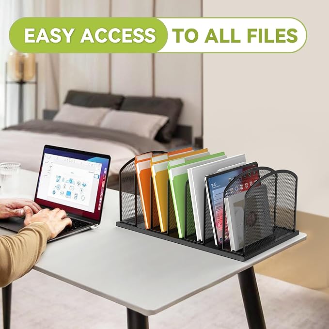 MINDEPOT Desk File Organizer 7 Sections Upright Mesh File Sorter Organizer for Desk, Office Organization File Holder for Home, Office & Classroom (Black, 1Pack)