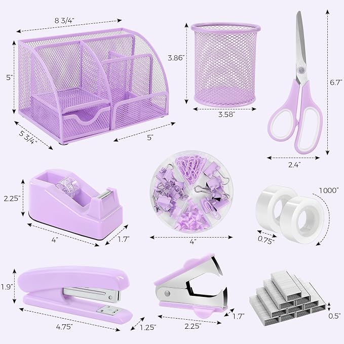 SKYDUE Purple Office Supplies, Purple Desk Organizer for Kids, Mesh Desk Organizer, Stapler, Tape Dispenser, Scissors, Binder/Paper Clips and 1000pcs Staples, Girls Desk Accessories