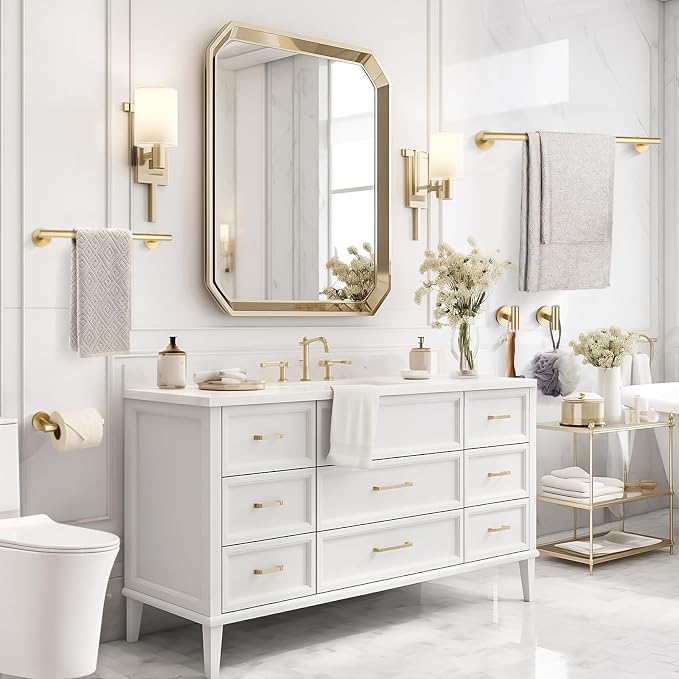 TURS Brushed Gold 10 Pieces Bathroom Hardware Set, SUS304 Stainless Steel 24 Inch Bath Towel Bar Set, Round Bathroom Accessories Kit Wall Mounted
