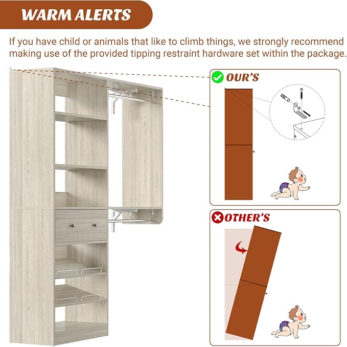 [10 FT Closet System] 120 Inch Reversible Set of 2 Wood Closet Organizer System with 2 Drawers, 4 Hanging Rods Adjustable Shelf, Walk In Closet Organizers with Shoe Rack, Garment Rack, White Oak