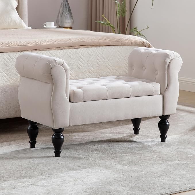 Storage Bench with Arms End of Bed Bench, Linen Entryway Bench with Storage, Button Tufted Upholstered Ottoman Bench Wood Legs, Window Sitting Bench for Bedroom/Living Room/Hallway, Beige