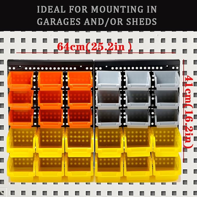 30-Bin Wall Mounted Storage Bins Kit, Tool Organizer Rack, Garage Hardware Organizer, Parts Storage Bins, DIY Combination(Grey & Orange & Yellow Type)