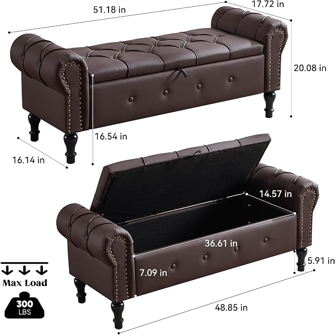 Storage Bench 51" Faux Leather End of Bed Benches Dark Brown | Queen Size Storage Bench for Bedroom with Rolled Arms Tufted Ottoman Benches Upholstered Bench for Living Room Entryway