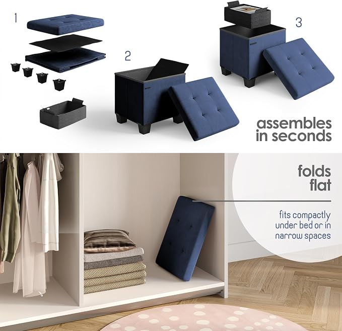 Storage Ottoman Cube with Small Bin, 15-in Square Ottoman with Storage for Living Room and Bedroom, Small Ottomans Foot Rest, Velvet Foot Stools Ottomans Max 330lbs, Blue