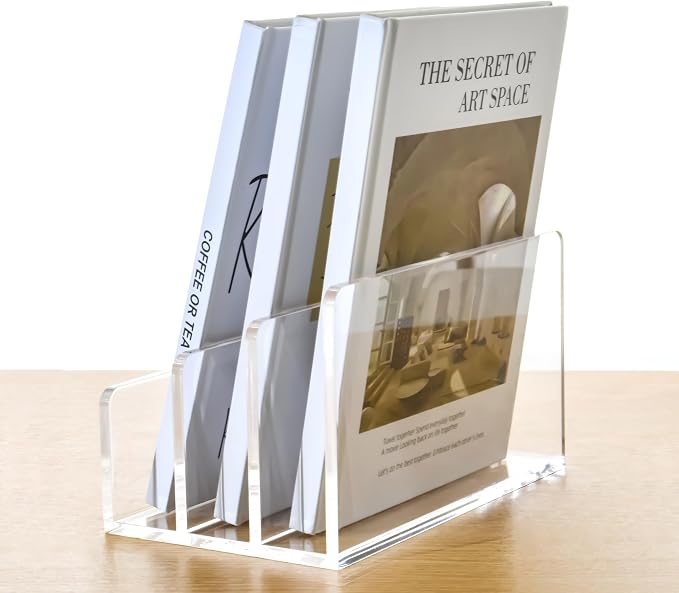 3 Compartments Clear Acrylic Mail Holder – Vertical Letter Sorter & Multifunction Desk Organizer for Bills, Documents, Notebooks – Modern Office/Home Envelope File Rack
