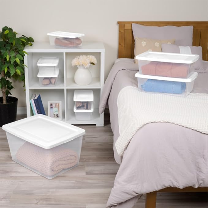 Sterilite Clear Storage Box Stackable Tote, 58 Quart, 6-Pack | Clear Plastic Container with Secure Snapping Lids for Home and Office Organization, White