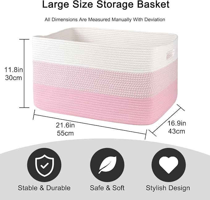 OIAHOMY Large Blanket Basket, 22”x17”x12” Rectangle Woven Baskets, Nursery Blanket Storage Living Room, Toy Storage With Handle, Large Baskets for Organizing - Pink/White