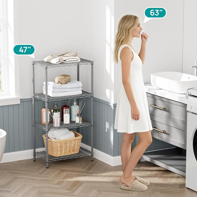 SINGAYE 4 Metal Shelves Wire Shelving Storage Shelf Adjustable Unit Pantry | 4 Tier Kitchen Laundry Room Organization Home Pantry Closet Bathroom Organizers Garage Rack 14" D x 24" W x 48" H Gray