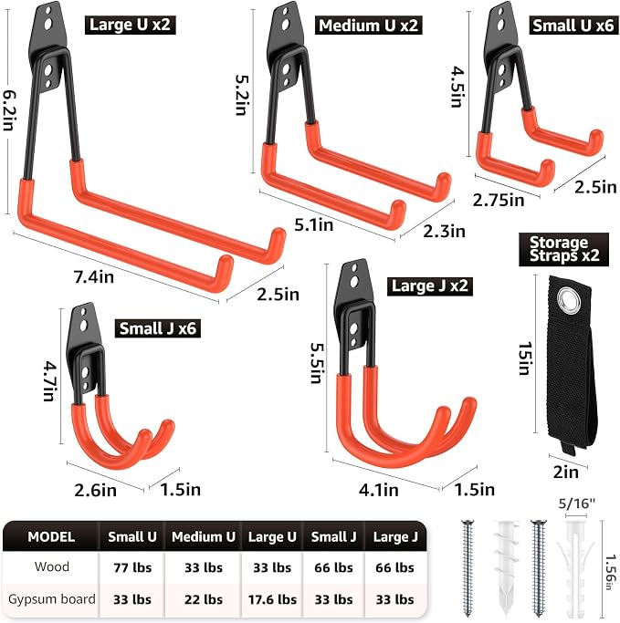 Heavy Duty Garage Hooks for Storage & Hanging Items, 20-Pack | for Hanging Bikes, Hoses, Ladders, Ropes, Garden Tools; for Garage, Warehouse, Yard, Shed