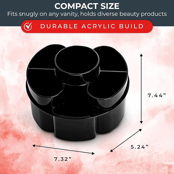 Masirs Small 360 Rotating Makeup Organizer - Mini Yet Spacious Cosmetic Storage Solution with Multiple Compartments - The Perfect Spinning Make-Up Caddy for Vanity or Bathroom Counter (Round - Black)