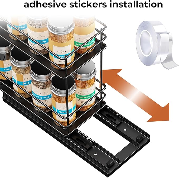 Mystozer Pull Out Spice Rack Organizer for Cabinet, Slide Out Spice Racks, Easy to Install, 4.33" Wx10.43 Dx8.66 H, 1 Drawer 2 Tiers(Black)