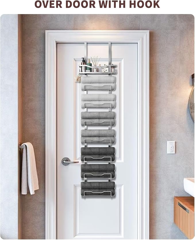 Aetyord Hanging Towel Racks for Bathroom Storage | 8-Tier Over The Door Bath Towel Storage Organizer with Metal Shelf Basket for Small Bathrooms RV Camper Silver