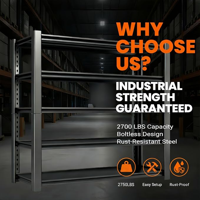 2750 LBS Storage Shelves,Garage Shelves,5-Tier Adjustable Shelving Units and storagefor Garage, Basement, Warehouse, Pantry 36" W x 16" D x 72" H,Black