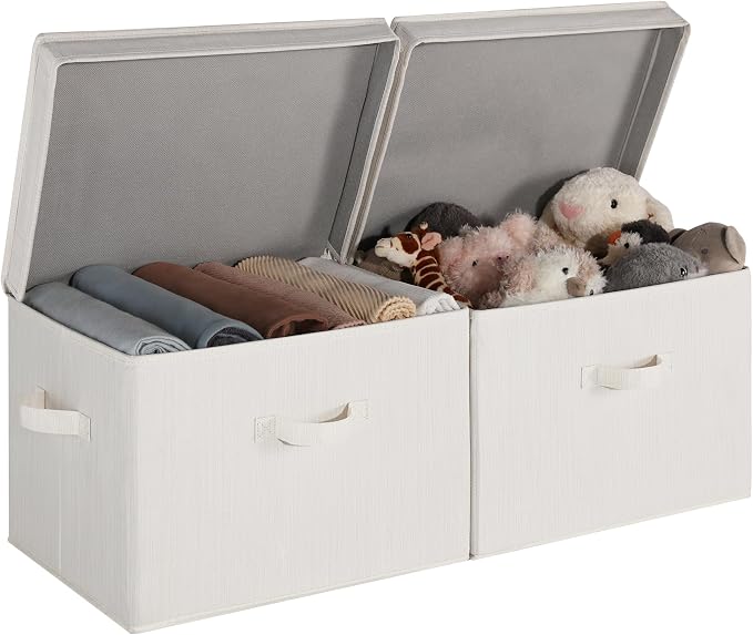 StorageWorks Closet Storage Bin with Lids, Decorative Storage Boxes with Handles, Fabric Storage Bins for Clothes, Jumbo, Mixing of Beige, White & Ivory, 2-Pack | Flip-Top Lid, 3 Handles, Collapsible, Stackable, for Clothes Blankets, Multi-Purpose, Jum...