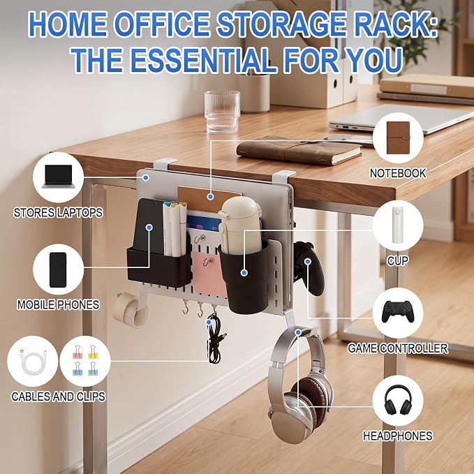 Desk Side Storage Organizer Set No Drill Under Desk Laptop Stand Organizer with Cup Pen Holder Headphone Hanger and Magnet Hook for Office Home Table Fits Edge 0.2" to 2.2"(Classic,White)