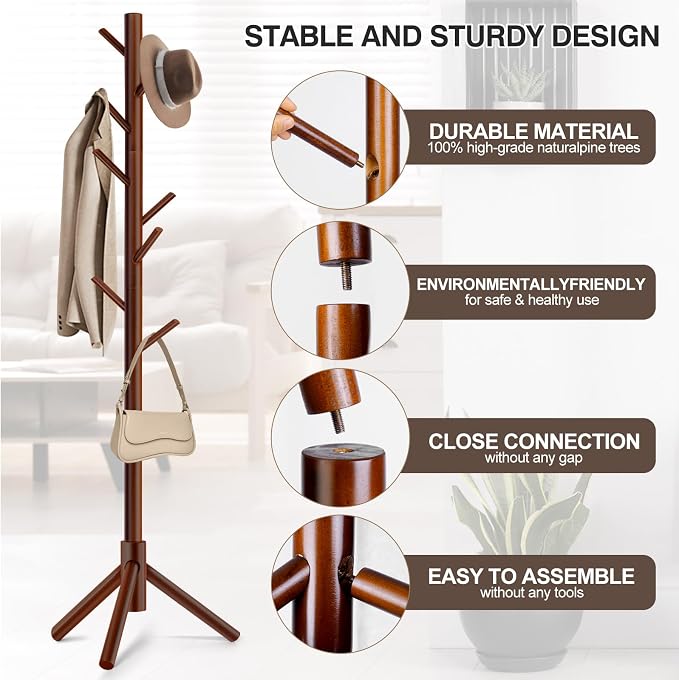 WANGMUXIA 2 PCS Coat Rack, Freestanding Coat Rack with 8 Hooks and 3 Adjustable Size Tree Coat Racks for Bedroom, Hallway, Entrance, Office, for Hats, Coats, Scarves, Handbags