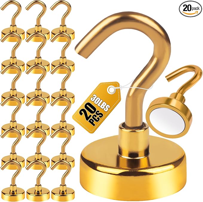 DIYMAG Magnetic Hooks 20pcs 30lbs Cruise Essentials 2026 Magnet Hook Yellow | Neodymium Heavy Duty Strong Magnets Hanging Ship Cabins Refrigerator Fridge Classroom Beach Vacation Kitchen Grills Home Tool