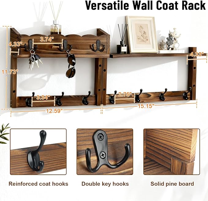 28" Coat Rack Wall Mount with Shelf with 7 Hooks 3 Key Hanger | Entryway Key Holder Wall Mount Wood Wall Coat Hooks, Wall Mounted Coat Rack Mail Holder for Living Room, Bedroom