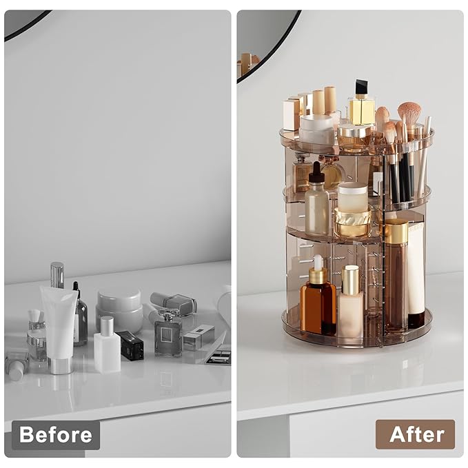 Rotating Makeup Organizer, DIY 8 Adjustable Layers Spinning Skincare Storage, Cosmetic Display Case with Brush Holder and Perfume Tray, Multi-Function Vanity Bathroom Countertop Organizer Clear Coffee