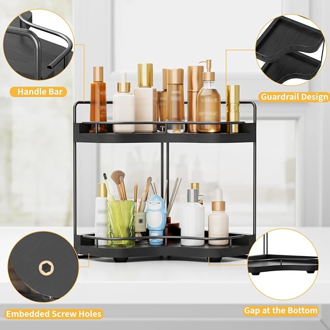 2-Tier Corner Bathroom Counter Organizer, Larger Size | Embedded Screw Holes, Sturdy & Stable, Oversized, Holds More, Vanity Shelf for Makeup & Skincare
