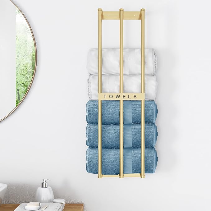Bethom Towel Racks for Bathroom, Towel Storage Holder Space Saving, Gold | 30 Inch Towel Rack for Rolled Towels, Modern Minimalist Style, Rust-Proof, Perfect for narrow shower wall & compact bathrooms