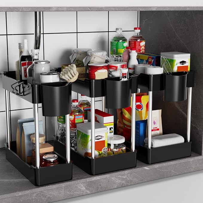 3 Pack Under Sink Organizer Bathroom and Storage Cabinet (Black) | 2 Tier with Hanging Cups for Kitchen