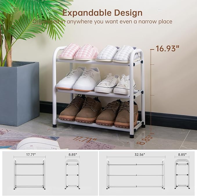 Gonfoam Expandable 3-Tier Shoe Rack for Closet and Entryway, White | Tool-Free Assembly, Metal Material, Adjustable Shoe Organizer, Sturdy, Small Space Solution, Dorms, Garages, Apartments.