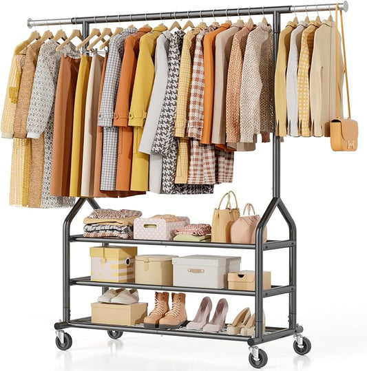 EAGMAK Heavy Duty Clothes Rack Load 556 LBS, Rolling Clothing Rack With 3 Shelves, Adjustable Metal Clothes Hanger with Wheels, Portable Wardrobe Organizer Garment Rod for Hanging Clothes (Black)