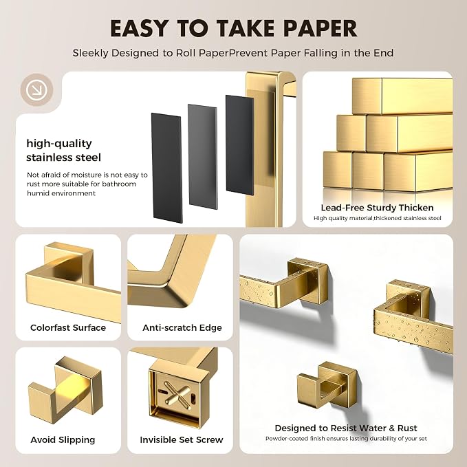 5-Pieces Gold Bathroom Accessories Set, 24 Inch Towel Bar Set | Stainless Steel, Towel Ring, Toilet Paper Holder, Robe Hooks, Towel Racks for Bathroom Wall Mounted, Bathroom Hardware Set
