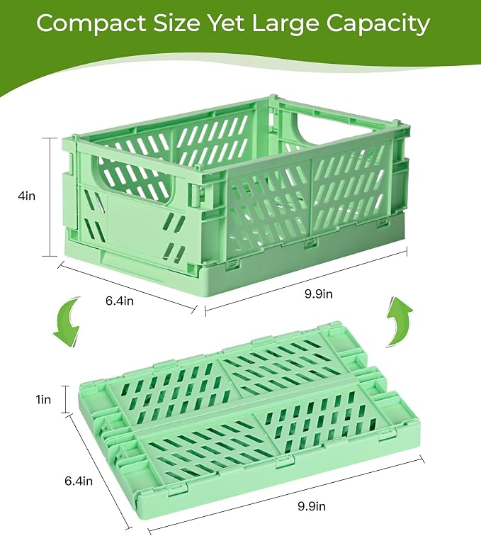 HUUSMOT 4-Pack Collapsible Plastic Storage Baskets, Green, 9.8"x6.5"x3.8" | Pastel, Space-Saving, Collapsible Plastic Bins, Cute Mini Storage Crates, for Classroom, Kitchen, Office, Bedroom