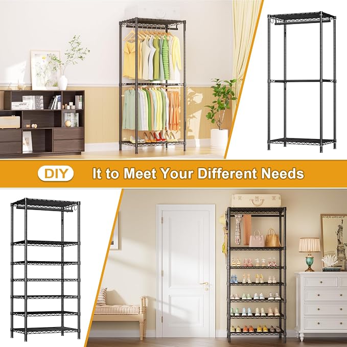 E13C Heavy Duty Closet Organizer System，Freestanding Clothing Racks for Hanging Clothes，Adjustable Garment Rack 63" W x 16" D x 77" H Hold 960 lbs，Black Clothing Rack with Black Dustproof Cover