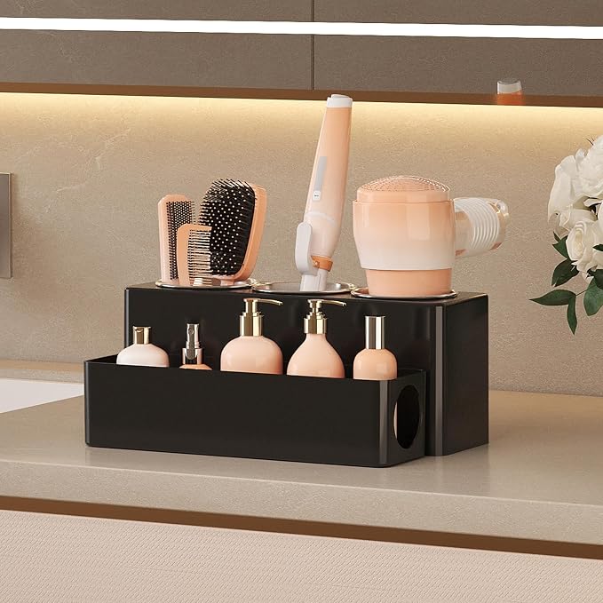 Lifewit Hair Tool Organizer Dryer Holder Countertop with 3 Cups, Black | 3 Stainless cups Tools Organizer, Acrylic body Hair Product Storage for Curling Iron, Brush, Straightener, Bathroom