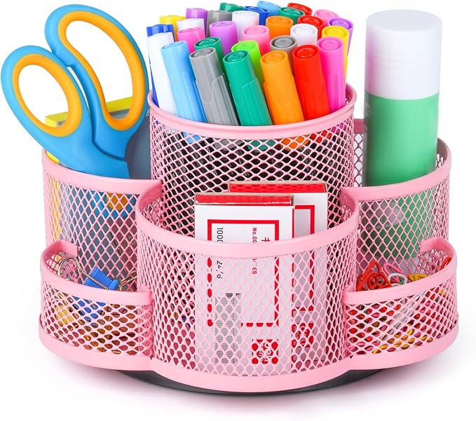Topwey Pink Pen Holder for Desk, Rotating Pencil Holder, Cup Holder for Desk Office, Pen Organizer