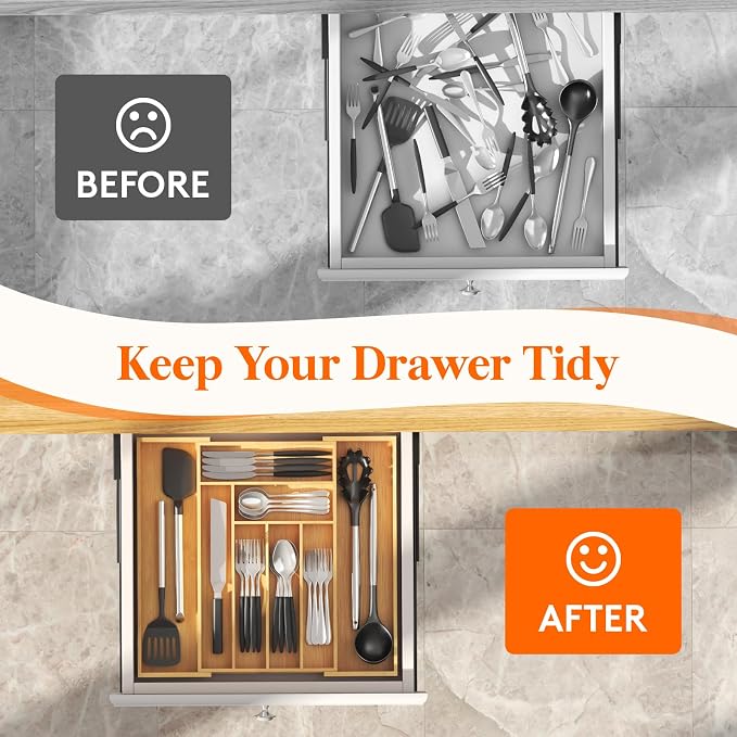 Lifewit Silverware Drawer Organizer, Wooden Utensil Tray for Kitchen | Expandable Flatware and Cutlery Holder, Adjustable Storage for Spoons Forks Knives, 10.2-18.1 x 16.7", Natural