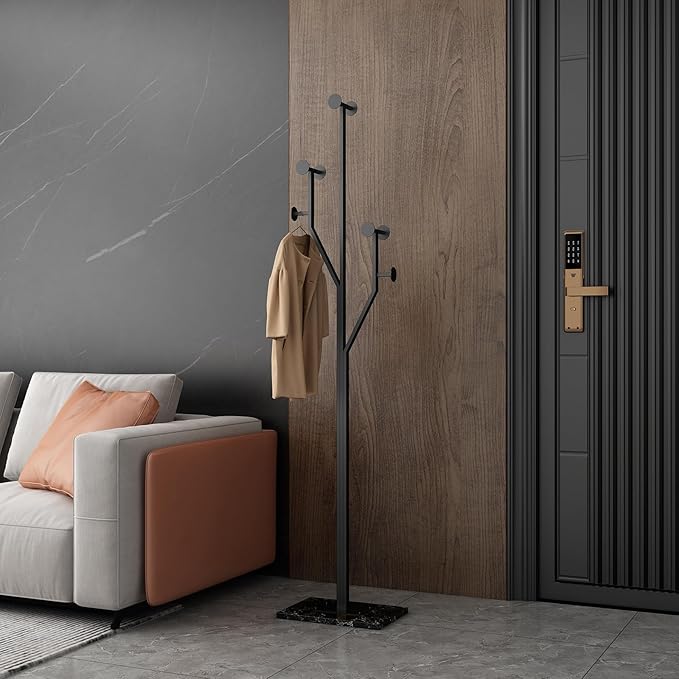 JIAYUEJU Freestanding Coat Rack Coat tree for Entryway Bedroom (Black) | Tree-shaped, Easy Assembly, Space Saver, Heavy Duty, Metal Frame, Marble Base, 8 Hooks, Living Room, Office, Corner