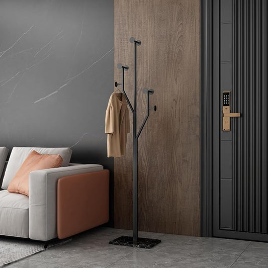 JIAYUEJU Freestanding Coat Rack Coat tree for Entryway Bedroom (Black) | Tree-shaped, Easy Assembly, Space Saver, Heavy Duty, Metal Frame, Marble Base, 8 Hooks, Living Room, Office, Corner