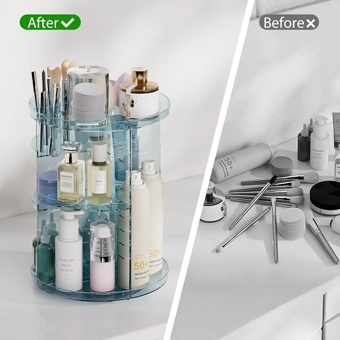 Rotating Makeup Organizer, DIY 8 Adjustable Layers Spinning Skincare Storage, Cosmetic Display Case with Brush Holder and Perfume Tray, Multi-Function Vanity Bathroom Countertop Organizer Clear Blue