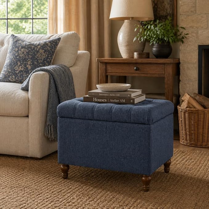 Spatial Order 24" Button Tufted Storage Ottoman - Blue Woven Fabric