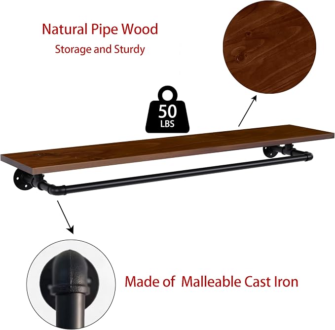 Clothes Rack 36in, Wall Mounted Garment Rack with Real Walnut Wood Shelf, Heavy Duty Hanging Clothes shelf, Multi-Purpose Hanging Rod, Space-Saving Closet Storage (Walnut, 1T36IN)
