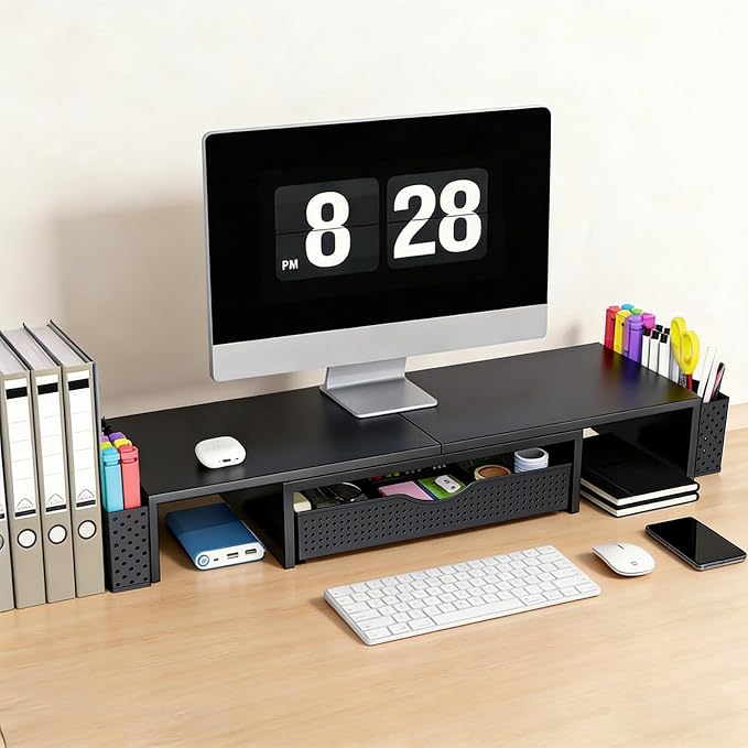 Spacrea Dual Monitor Stand Riser with Drawer and 2 Pen Holders | Monitor Riser Desk Organizers and Accessories,Desk Accessories & Workspace Desktop Organizers for Office Supplies (Black)