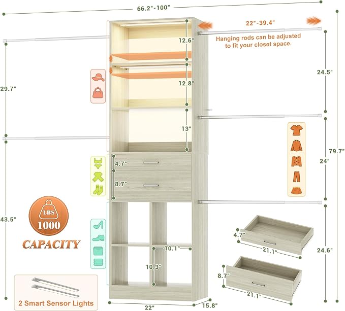 Besiost Closet System, Built in, Not Free Standing, Enclosed Storage Volume: 2.58 ft³, Greige Oak