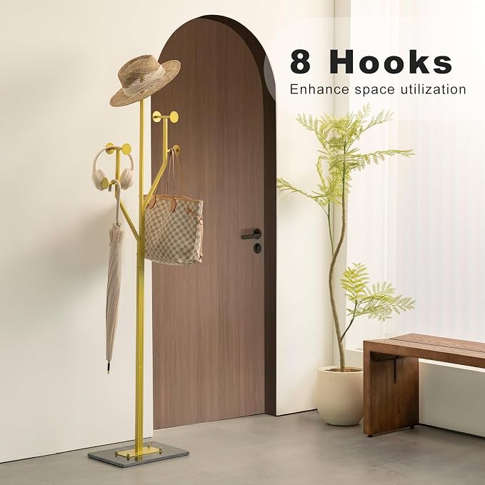 JIAYUEJU Freestanding Coat Rack Coat tree for Entryway Bedroom (Gold) | Tree-shaped, Easy Assembly, Space Saver, Heavy Duty, Metal Frame, Marble Base, 8 Hooks, Living Room, Office, Corner