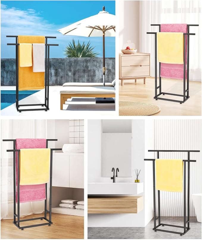 Standing Towel Racks for Bathroom, 2 Tier Bathroom Floor Free Standing Towel Rack, Tall Enough Pool Bath Drying and Dispaly Outdoor Stand for Storage, Black Freestanding Blanket Holder, ALHAKIN
