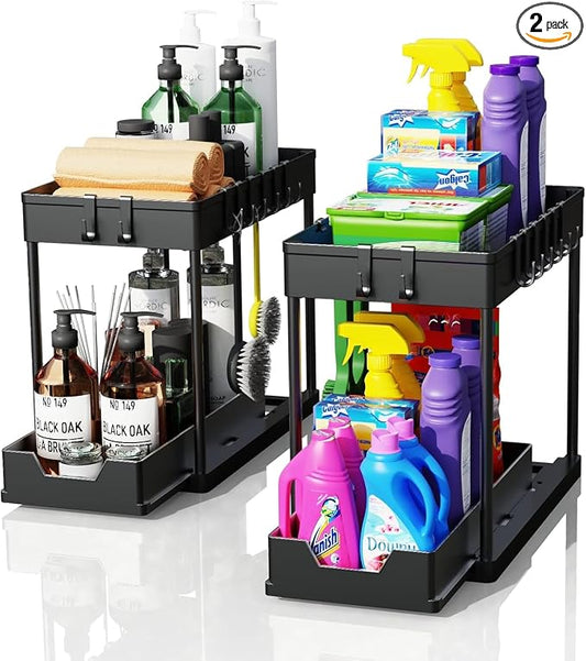 2 Pack black Under Sink Organizers and Storage, 2-Tier Sliding Cabinet Basket Organizer with Hooks, Multi-Purpose Under Sink Organizers and Storage for Bathroom Kitchen