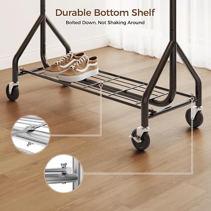 HYSEYY Heavy Duty Clothes Rack, Double Rod Clothing Rack for Hanging Clothes, Rolling Garment Rack, Adjustable Freestanding Wardrobe Closet Coat Rack for Bedroom Laundry Living Room, Black