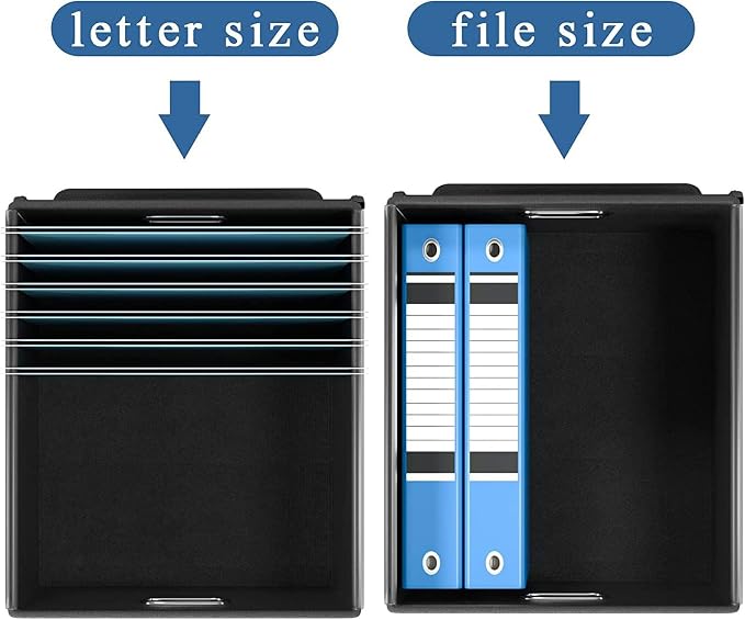 File Organizer Box with Lids, Collapsible File Folder Organizer | File Box with Plastic Slides for Document, Filing Bin for Letter Size Hanging File Folders (2 Pack, Black, Leather)