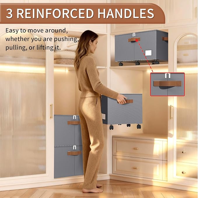 Foyego Shoe Organizer for Closet, Shoe Storage with Wheels, Gray | Fits 24 Pairs, with Adjustable Dividers and Clear Cover, Saving Space Foldable Fabric Closet Shoe Storage Organizer Box Bins