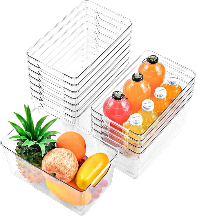 Freebat 12 Pack Pantry Organization and Storage,Clear Plastic Storage Bins | Middle, Cabinet Organizer, Clear Plastic Storage Containers with Handle,Acrylic Storage Bins for Cabinet, Fridge