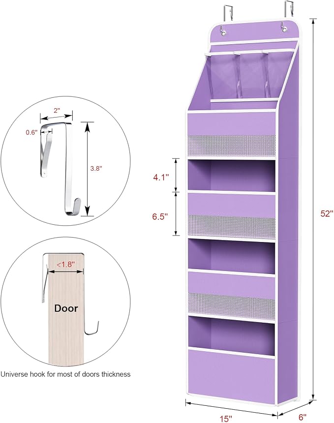 Univivi Fabric Over the Door Organizer for Baby Nursery, Purple, 5-Shelf | Door Storage with Large Capacity Breathable Mesh Pockets, Over Door Hanging Organizer for Baby Essential, Bedroom, and Dorm