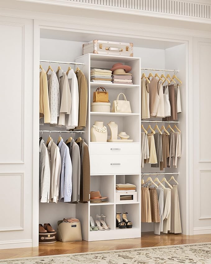 Besiost Small Closet System 3.2-6.8FT Closet Organizer with Wooden Drawers | Built-in Closet Organizer System with 5 Hanging Rods, Can Fit 37.5 to 81.9 inch Walk-in Closet System